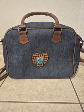 "Sale"  Denim Crossbody Satchel with Turquoise Heart Accent